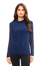 Front image of Adore long sleeve mock neck mesh detail top. 