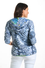 Back image of cubism blue multi printed reversible hoodie. 