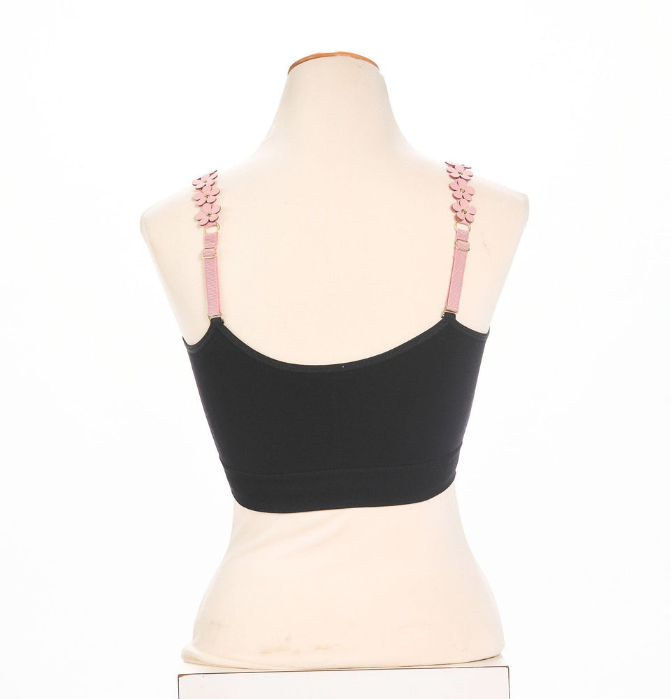 Back image of Strap its bra blush suede flowers.