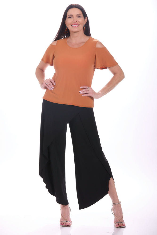 Front image of Mimozza burnt orange flutter sleeve top. 