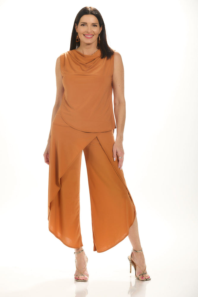 Front image of Mimozza burnt orange wrap pants. 