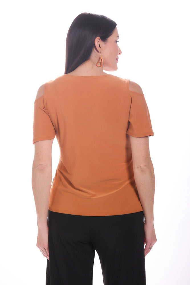 Back image of Mimozza burnt orange flutter sleeve top. 