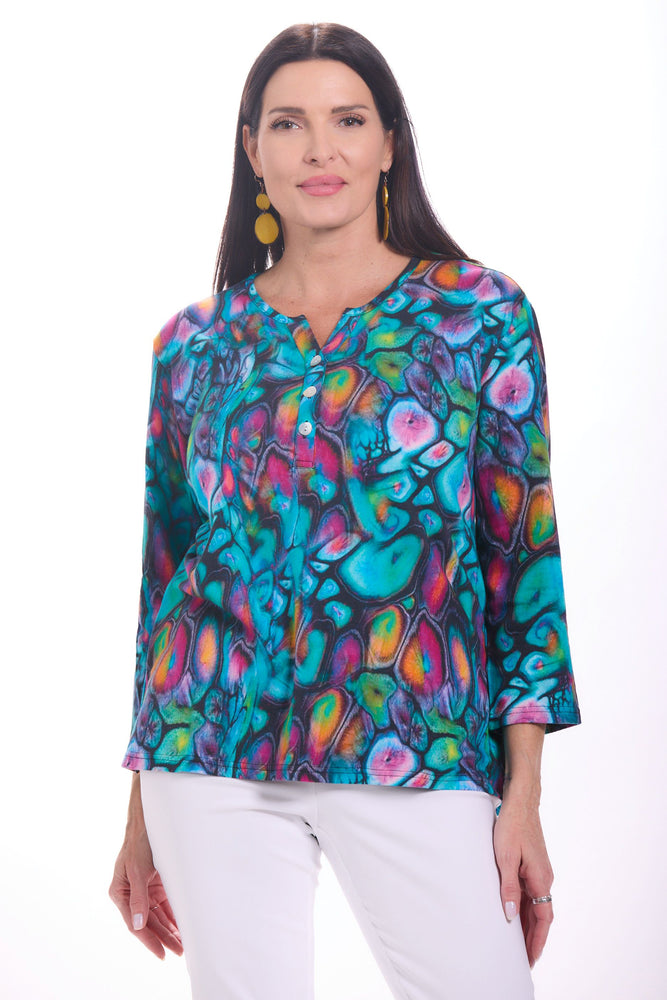 Front image of Parsley and Sage button up detail multi colored jewel top. 