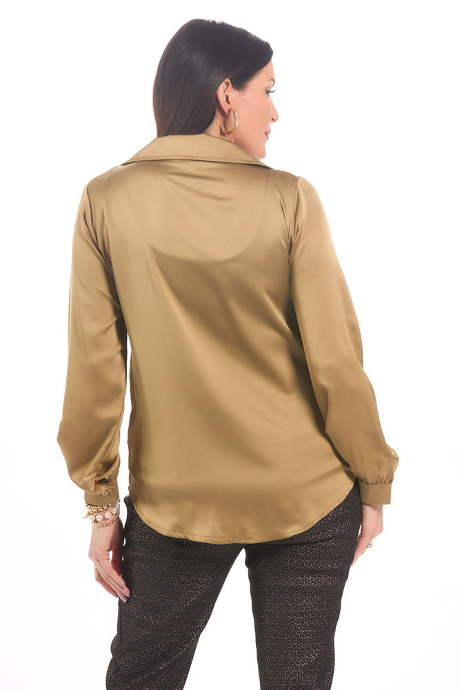 Back image of M Made in Italy gold long sleeve blouse. 