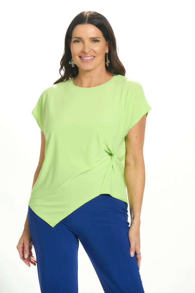 Front image of Mimozza cap sleeve knot top in lime green. 