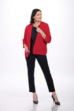 Front image of open front red cardigan.