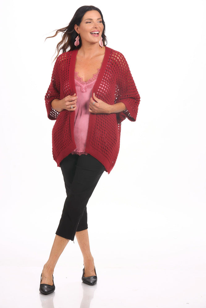 Front image of gigi moda open front cardigan in burgundy.