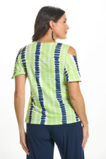 Back image of Mimozza flutter sleeve cold shoulder top in lime/navy print. 