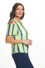 Side image of Mimozza flutter sleeve cold shoulder top in lime/navy print. 