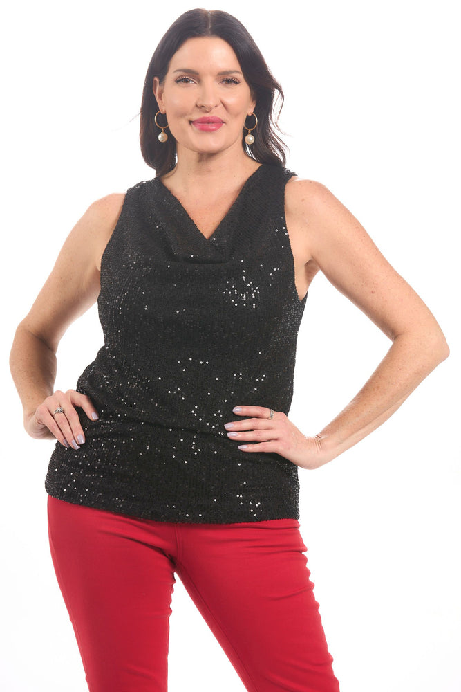 Sleeveless Cowl Neck Sequin Tank