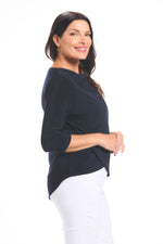 Side image of Picadilly destination collection solid navy cowl neck top.