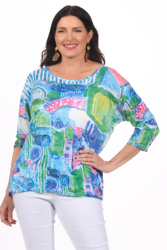 3/4 Sleeve Print Crinkle Top