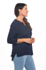 Side image of shana navy crinkle tee shirt. 