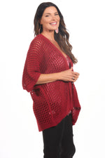 Side image of gigi moda open front cardigan in burgundy.