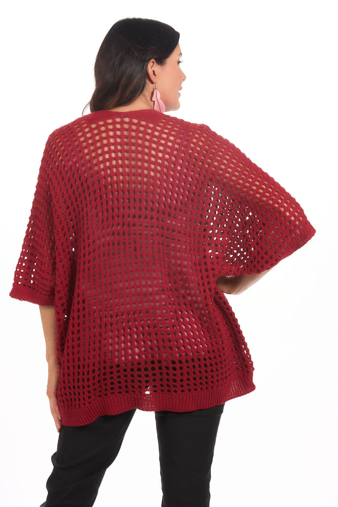 Back image of gigi moda open front cardigan in burgundy.