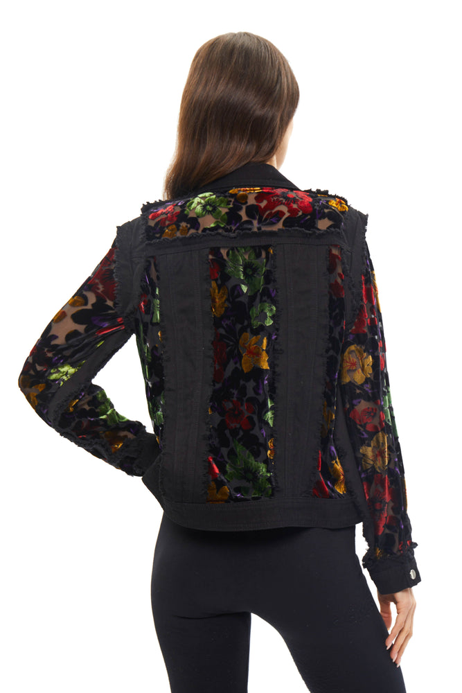 Front image of Adore denim jacket with velvet multi printed burnout detail. 