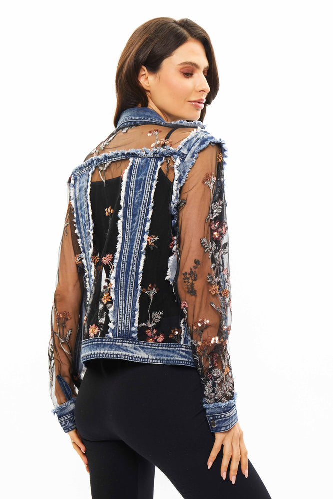 Back image of sheer sleeve denim jacket with embroidery by adore. 