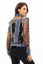 Front image of sheer sleeve denim jacket with embroidery by adore. 