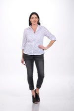 Front image of Elo roll sleeve button front blouse. 