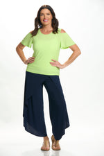 Front image of Mimozza flutter sleeve cold shoulder top in lime. 