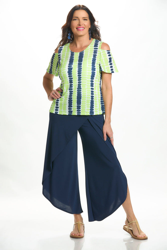 Front image of Mimozza flutter sleeve cold shoulder top in lime/navy print. 