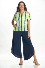 Front image of Mimozza flutter sleeve cold shoulder top in lime/navy print. 