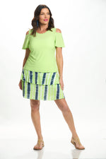 Front image of Mimozza flutter sleeve cold shoulder top in lime. 