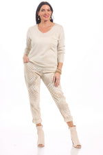 Front image of Catherine Lily White pull on beige printed pant. 