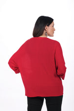 Back image of open front red cardigan.