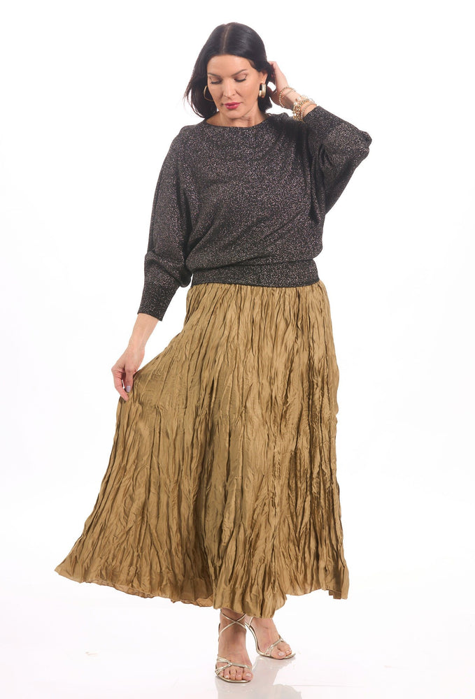 Front image of Made in Italy gold crinkle skirt. 