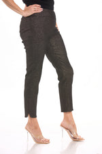 Side image of UP! techno slim ankle pant in black and gold.