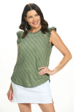 Front image of light green mineral wash ruffle sleeve top. 