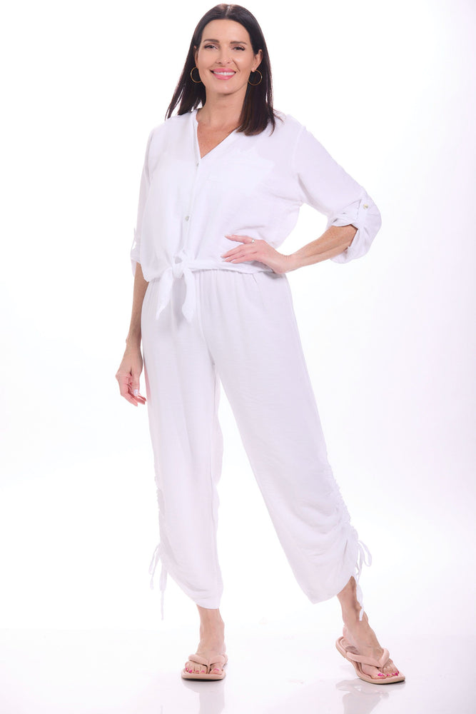 Front image of M Made in Italy pull on white ankle tie pants. 