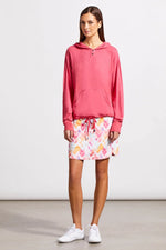 Front image of hot pink long sleeve top with kangaroo pocket. 