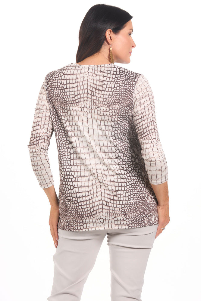 Back image of zip top in ivory animal print. 