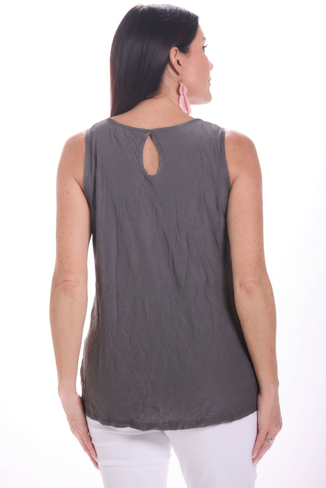 Back image of Shana slate grey crinkle tank top. 