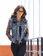 Front image of sheer sleeve denim jacket with embroidery by adore. 