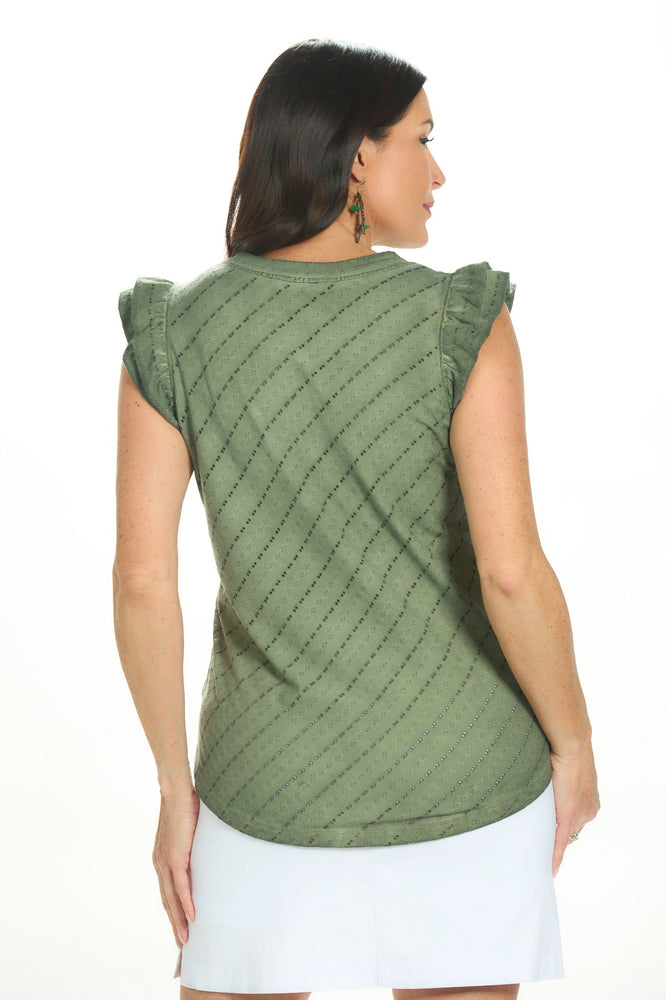 Back  image of light green mineral wash ruffle sleeve top. 