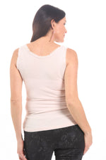 Back image of look mode light pink tank top with raw edge.