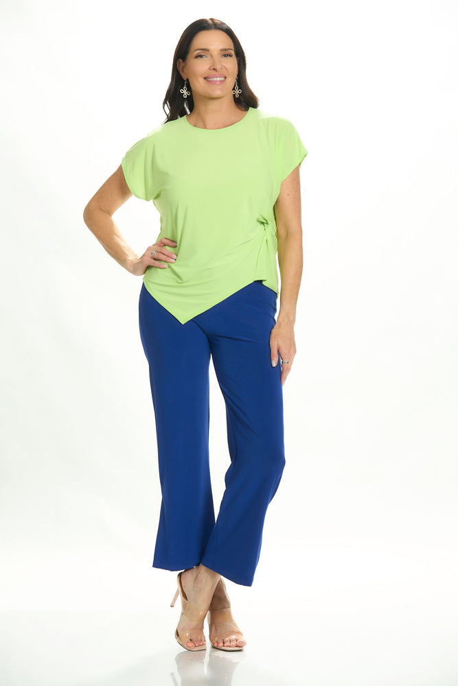 Front image of Mimozza cap sleeve knot top in lime green. 