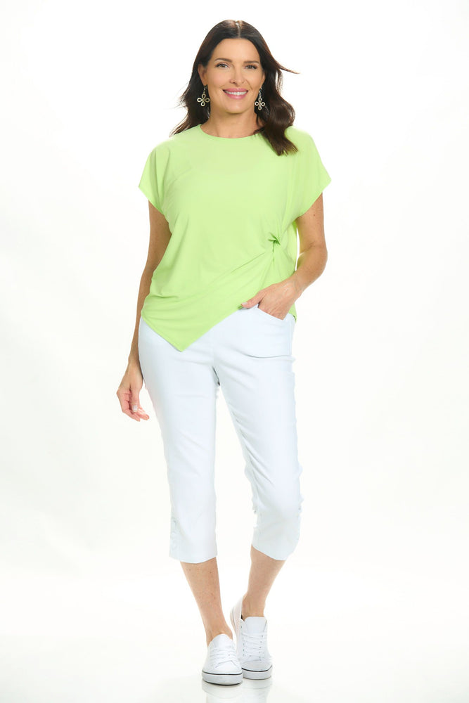 Front image of Mimozza cap sleeve knot top in lime green. 