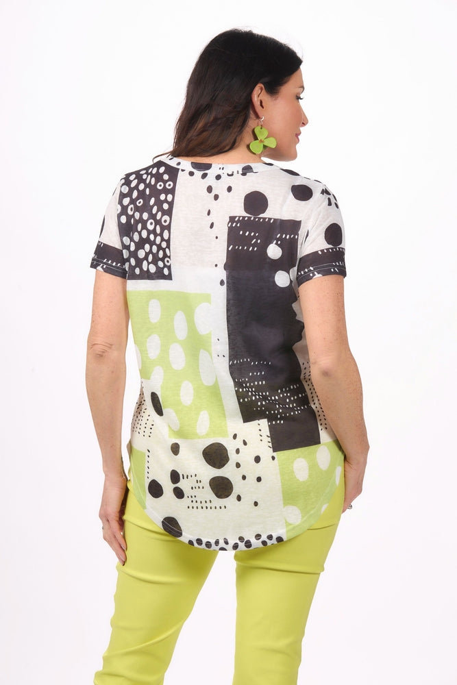 Back image of Shana lime printed short sleeve slub top.