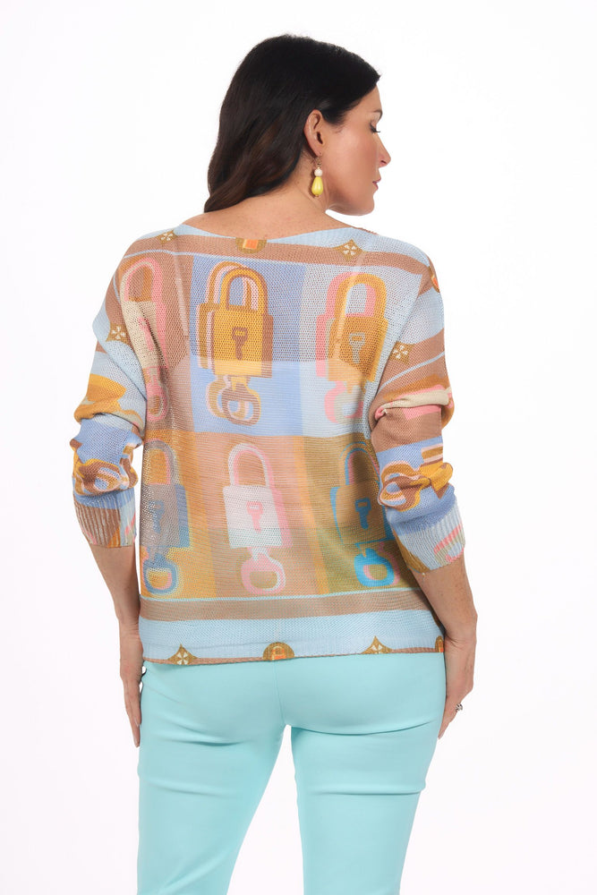 Back image of Look Mode lock printed light blue sweater.