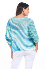 Back image of long sleeve blue wave printed sweater made in italy. 