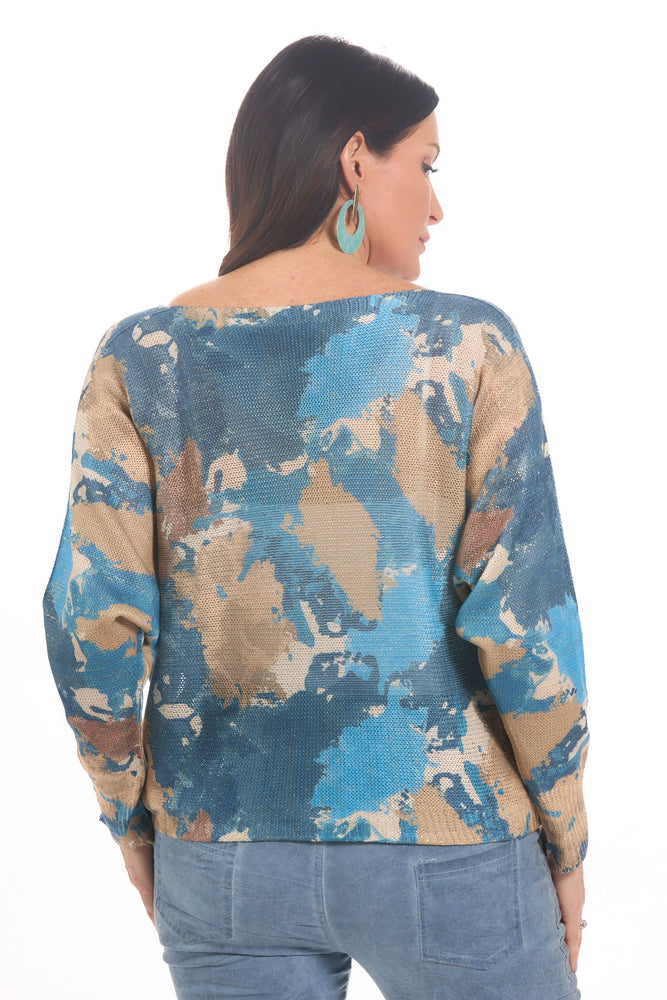 Back image of made in italy blue and taupe printed long sleeve sweater. 