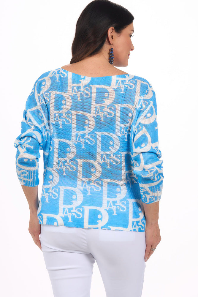 Back image of blue Paris printed sweater.