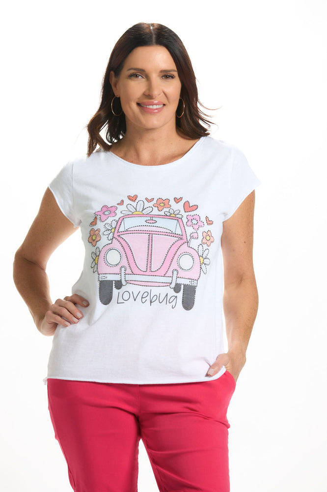 Front image of made in italy lovebug tee shirt in white. 