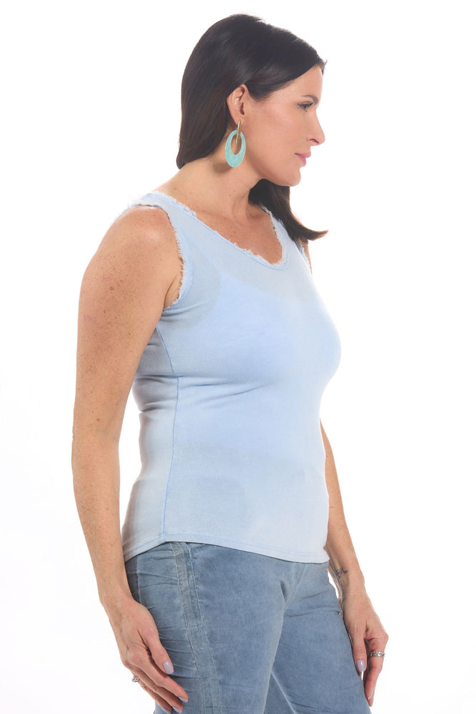 Side image of made in italy round neck light blue raw edge tank top. 