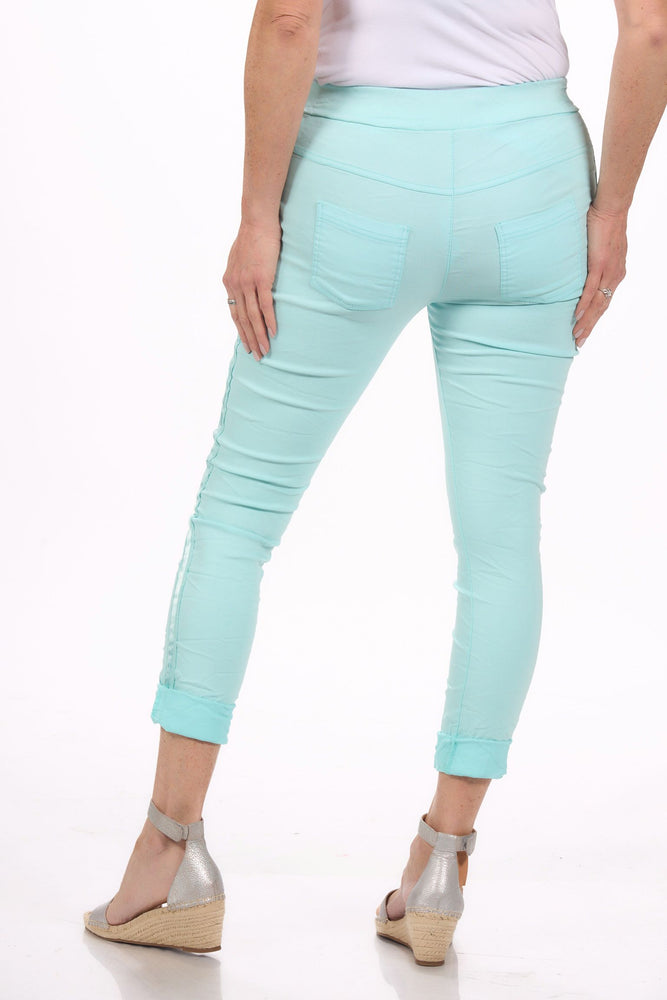 Back image of look mode pull on side rib jeggings in mint blue.