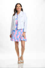 Front image of AnaClare MJ flounce dress in pink peri maui dress. 